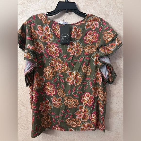 NWT Como Black Floral Short Sleeve Ruffle Sleeve # 852 - Picture 1 of 6